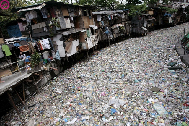 Um córrego poluído coberto de lixo em Manila, Filipinas, em 01 de março de 2009. O Departamento do Meio Ambiente e dos Recursos Naturais relatou em 2008 que as Filipinas abriga 50 grandes rios poluídos, com uma maioria de poluentes provenientes de resíduos domésticos.